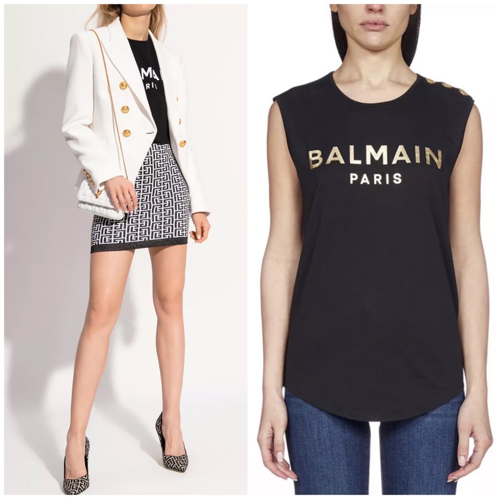NWT Balmain Gold Logo Tank Top Buttons Shirt M $495